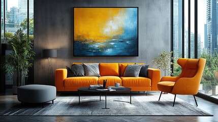 Contemporary art is emphasized in an abstract painting displayed in a modern living room.