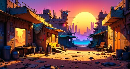 cyberpunk town city wasteland in the desert at sunset. futuristic dystopian sci fi buildings in oasis sahara ghetto slum outpost with sandy road canyon rocks in horizon.