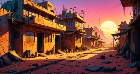 Obraz premium cyberpunk town city wasteland in the desert at sunset. futuristic dystopian sci fi buildings in oasis sahara ghetto slum outpost with sandy road canyon rocks in horizon.