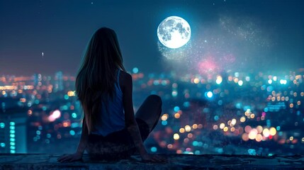 A woman sitting on a rooftop at night, gazing at city lights, full moon, and fireworks. Seamless looping time-lapse video background. - Powered by Adobe