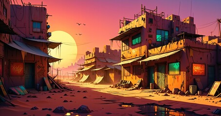 cyberpunk town city wasteland in the desert at sunset. futuristic dystopian sci fi buildings in oasis sahara ghetto slum outpost with sandy road canyon rocks in horizon.