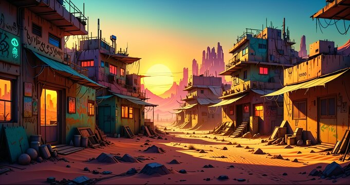 cyberpunk town city wasteland in the desert at sunset. futuristic dystopian sci fi buildings in oasis sahara ghetto slum outpost with sandy road canyon rocks in horizon.