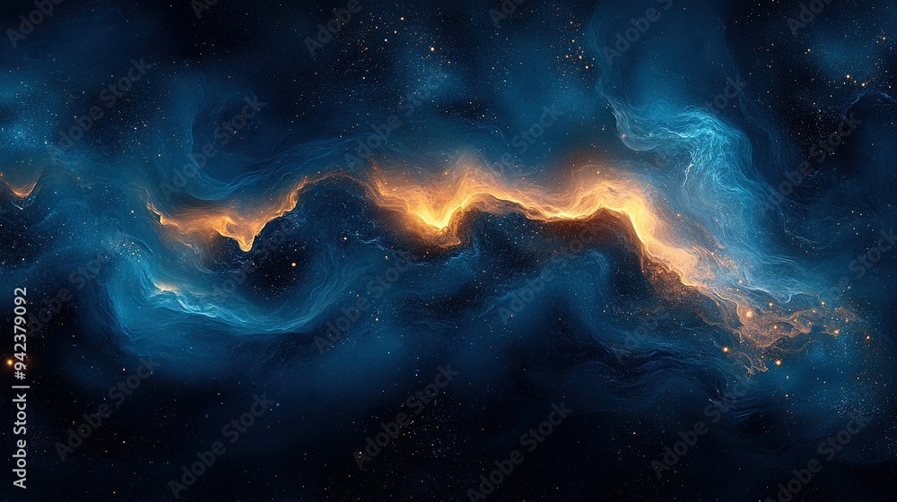 Wall mural swirling patterns in blue and black create an abstract design.