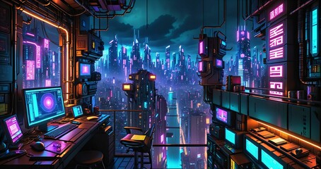 high rise skyscraper tower penthouse loft in cyberpunk futuristic sci fi city urban metropolis at night. view from tall building balcony patio terrace overlook of cityscape with neon cyber tech lights