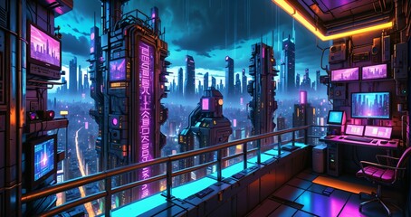high rise skyscraper tower penthouse loft in cyberpunk futuristic sci fi city urban metropolis at night. view from tall building balcony patio terrace overlook of cityscape with neon cyber tech lights