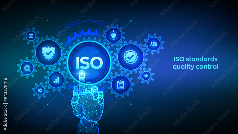 Poster iso standards quality control, assurance warranty business technology concept on virtual screen. wir