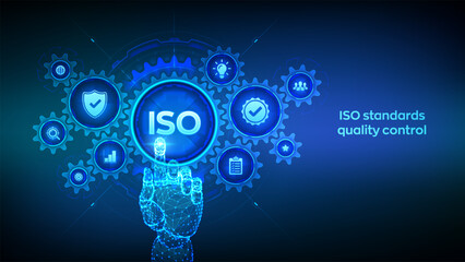 ISO standards quality control, assurance warranty business technology concept on virtual screen. Wireframe hand touching digital interface with connected gears cogs and icons. Vector illustration.