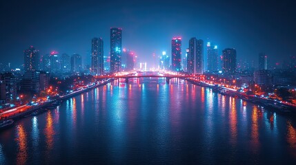 Obraz premium Nighttime smart city abstract with river bridges and advanced telecoms.