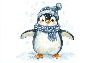 A charming penguin wearing a cozy hat and scarf, surrounded by falling snow, perfect for winter-themed designs.