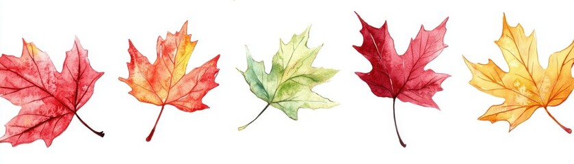 A collection of vibrant watercolor leaves showcasing autumn colors in red, yellow, and green tones, perfect for seasonal designs.