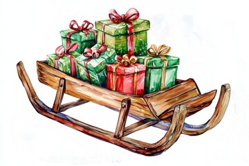 A colorful wooden sled filled with beautifully wrapped gifts, perfect for festive holiday scenes and winter celebrations.