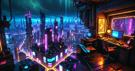 sci fi city aerial view from skyscraper tall tower building at night. futuristic neon landscape of urban night city district from bird's eye view on patio balcony terrace.