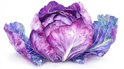Obraz premium A vibrant purple cabbage with glistening dew droplets on its leaves, showcasing nature's beauty in fresh produce.