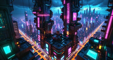 sci fi city aerial view from skyscraper tall tower building at night. futuristic neon landscape of urban night city district from bird's eye view on patio balcony terrace.