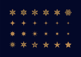 冬をイメーしたゴールドのあしらい。雪の結晶とキラキラと星のベクターアイコン素材セット。