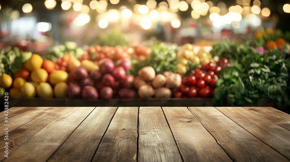 Canvas Prints A rustic wooden tabletop in the foreground with a bokeh effect showcasing a lively farmers market teeming with fresh, colorful produce.