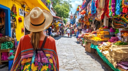Obraz premium A young woman explores a colorful market street in Mexico, the essence of local travel and youthful curiosity filling the vibrant scene