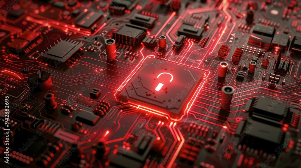 Poster red illuminated circuit board with unlock symbol
