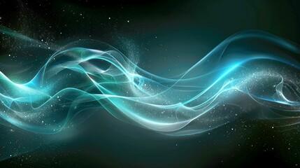 Abstract Blue and White Waves with Sparkles on a Dark Green Background