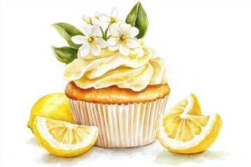 Delicious lemon cupcake topped with creamy frosting and delicate flowers, perfect for spring desserts and special occasions.