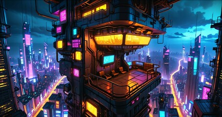 sci fi city aerial view from skyscraper tall tower building at night. futuristic neon landscape of urban night city district from bird's eye view on patio balcony terrace.