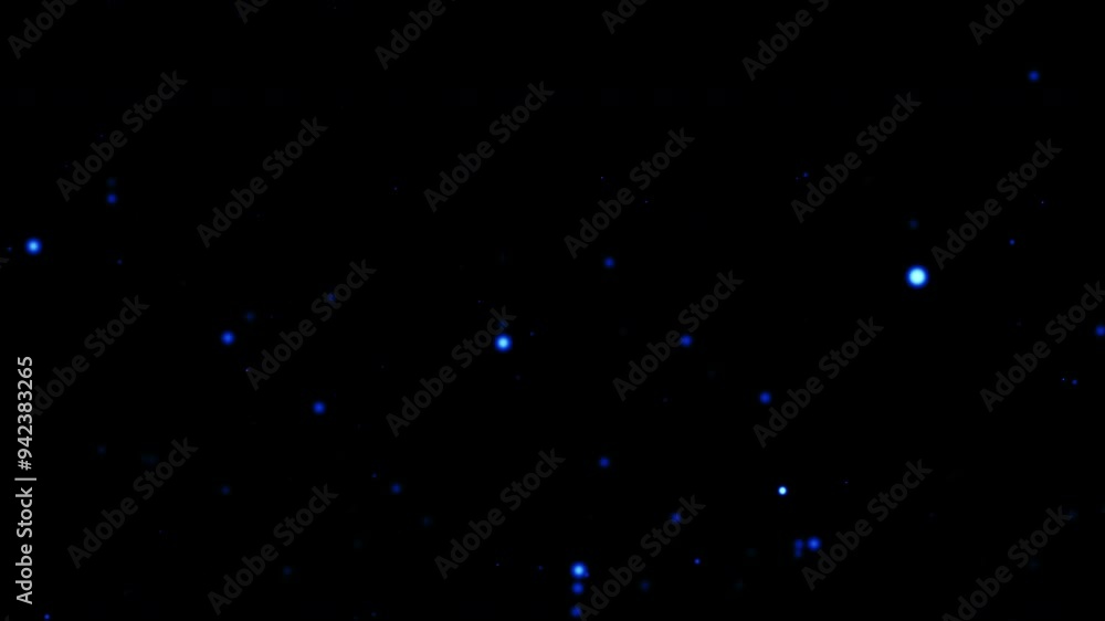 Poster abstract blue bokeh particles flow on black background for screen project overlay. 4k 3d seamless lo