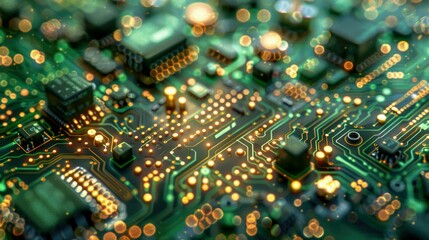 Obraz premium Close-up of a Green Circuit Board with Golden Soldering Points