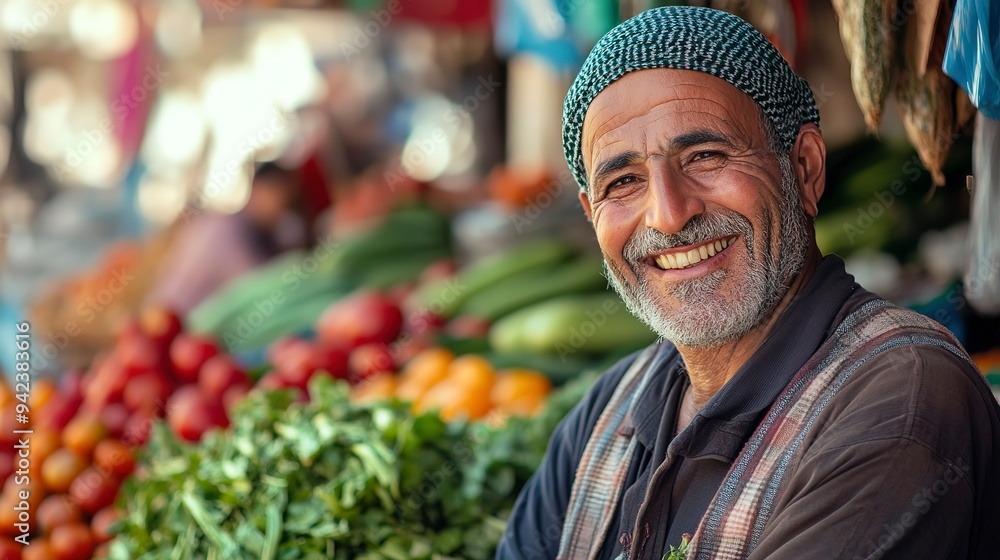 Canvas Prints arafed man smiling at a market with lots of vegetables