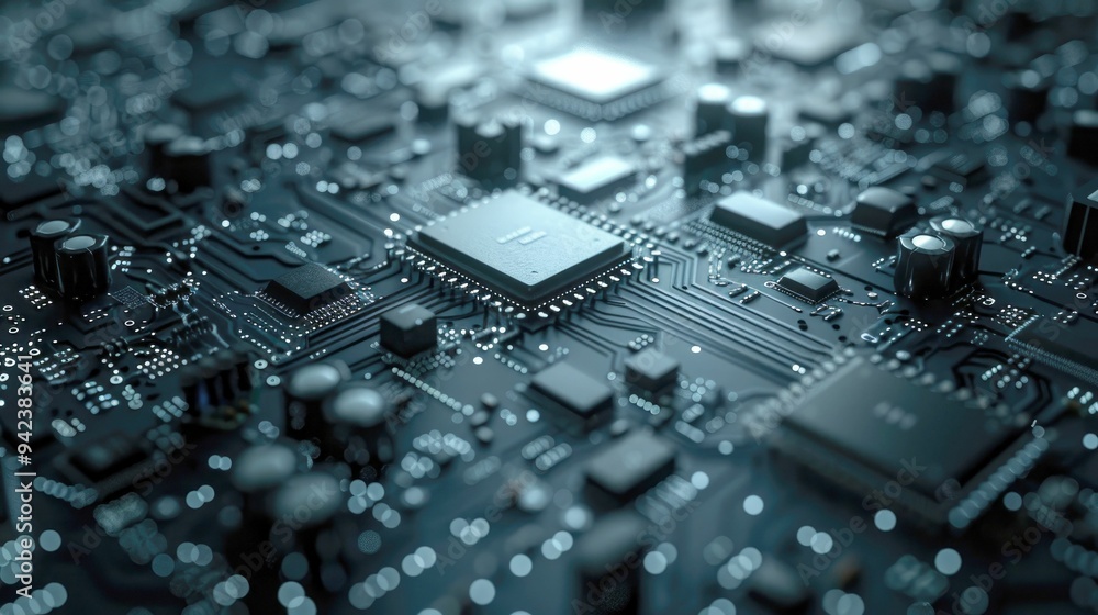 Aufkleber close-up of a circuit board with a central processor chip