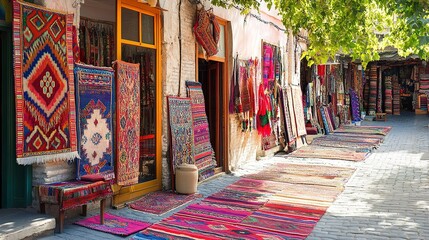 Naklejka premium Colorful handmade carpets displayed at a street market in Morocco, within the old Tbilisi bazaar 