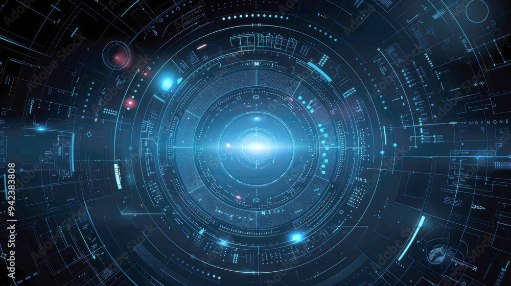 Poster futuristic digital interface with glowing blue lines and circular pattern