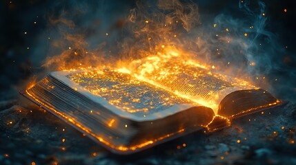 Light and swirling smoke emerge from an open book, evoking mystery.