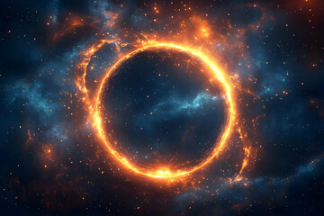 Obraz premium A stunning cosmic scene featuring a glowing fiery ring amidst a deep space backdrop of swirling stars and vibrant nebulae.