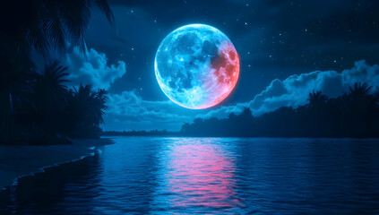 Naklejka premium A stunning night scene featuring a vibrant moon reflecting on tranquil water, surrounded by lush landscapes and a starry sky.