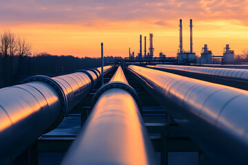 A stunning view of industrial pipes extending towards a colorful sunset, highlighting the beauty of engineering and nature.