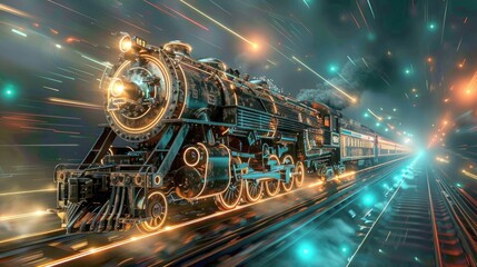 Steam Locomotive Speeding Through a Night Sky With Light Trails