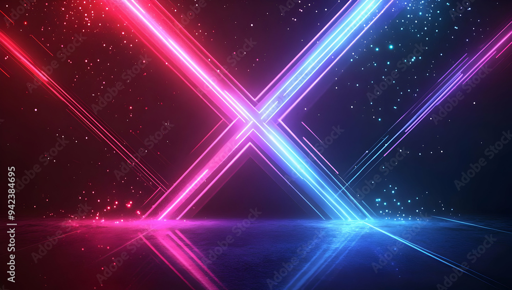 Poster a vivid display of intersecting neon beams glowing in red and blue, set against a dark background, c