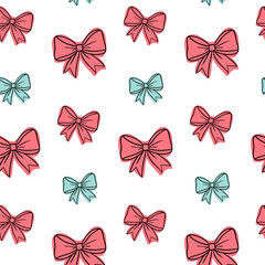 Pattern of festive bows in doodle style on white