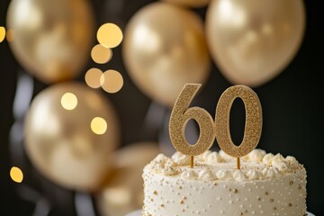 Golden 60th birthday cake with elegant decorations and balloons in the background