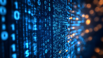 Obraz premium A visually striking digital backdrop displaying cascading binary code with glowing elements, perfect for tech and data themes.