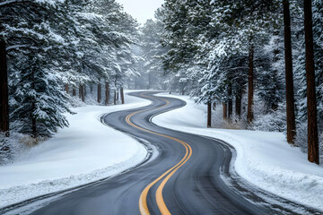 Obraz premium A winding road surrounded by snow-covered trees creates a serene winter landscape, inviting adventure and exploration.