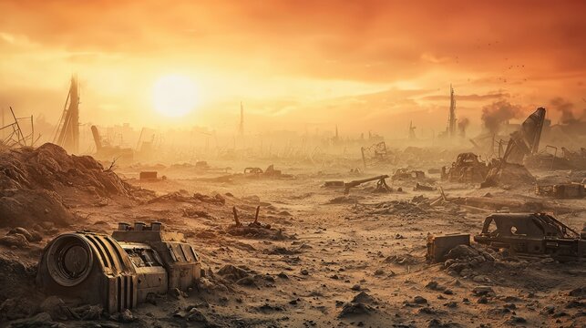 A post-apocalyptic desert wasteland at sunset, scattered with ruins, debris, and abandoned machinery, under a dramatic orange sky.