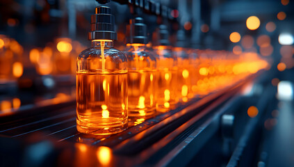 Bottles filled with golden liquid on a production line reflecting light in an industrial setting.