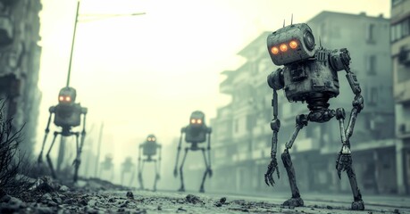 Four rusty, humanoid robots with glowing red eyes patrol an abandoned, foggy city street, evoking a dystopian, post-apocalyptic scene.