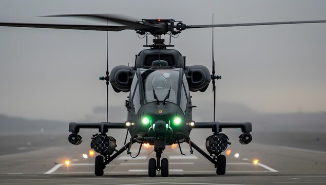 Photo of black halo helicopter, grey background, green lights on the front, 