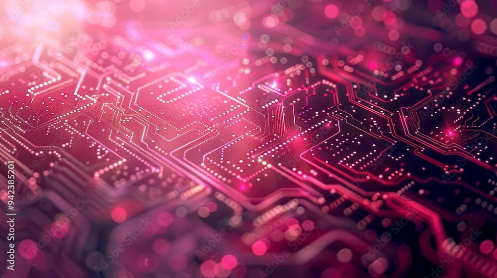 Poster close-up of pink circuit board with bokeh lighting