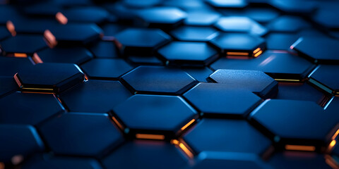Obraz premium Close-up view of a hexagonal pattern with a dark, illuminated aesthetic. Ideal for technology and abstract designs.