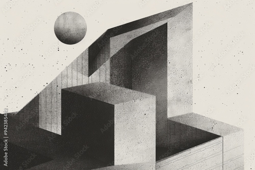Poster a black and white photo of a sphere hovering above a building, with abstract shapes and textures