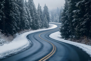 Curving road through a snow-covered forest, showcasing a tranquil winter landscape with evergreen trees and misty atmosphere.