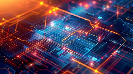 Abstract digital circuit board with glowing lines and lights